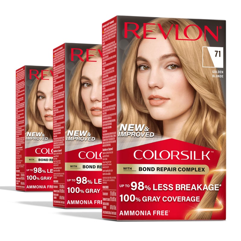 Revlon ColorSilk with Bond Repair Complex Blonde Permanent Hair Color 100 Gray Coverage Ammonia Free Hair Dye Vegan Keratin 71 Golden Blonde Pack of 3